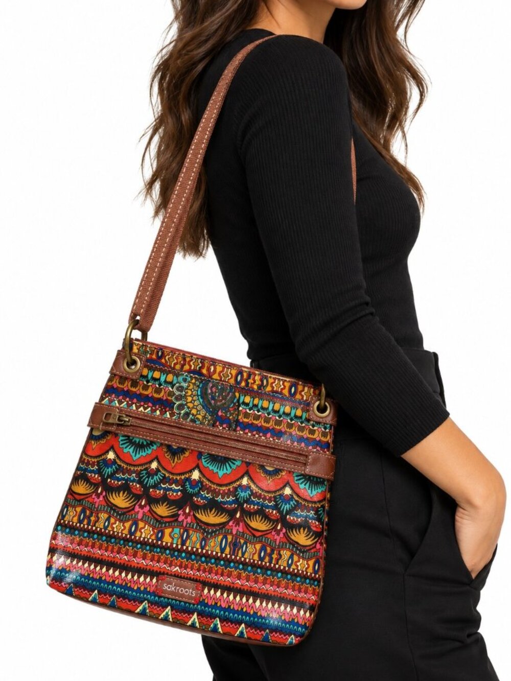 Sakroots Artist Circle Flat Crossbody Bag Multicolor Boho Coated Canvas Purse